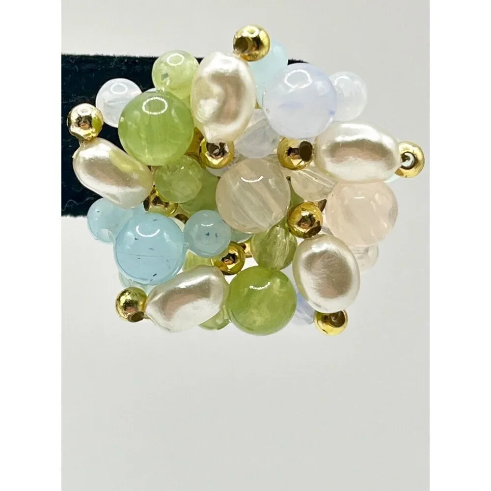 Vintage Beaded Cluster Stud Earrings Blue Green Cream Whimsical Pastel Fairycore